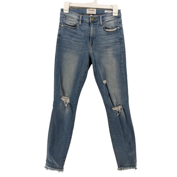 Frame Le High Skinny Jeans 27 Blue Distressed Denim Raw Hem Stretchy Mid Rise - Picture 14 of 14